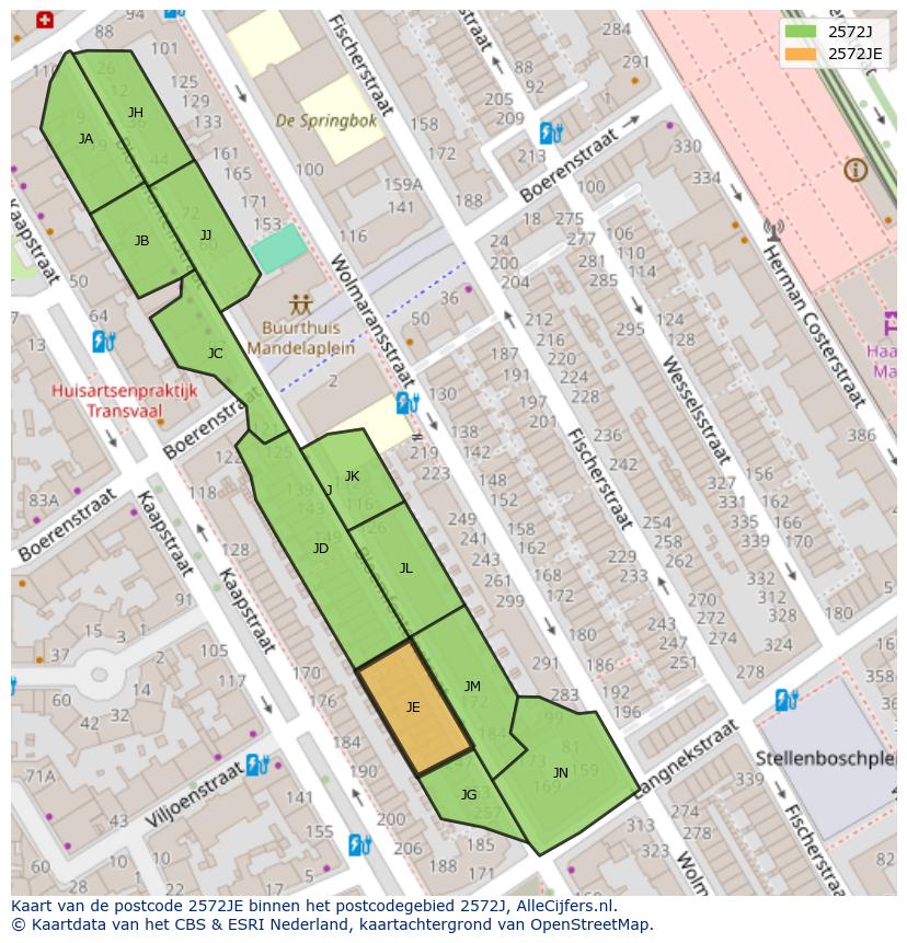 Afbeelding van het postcodegebied 2572 JE op de kaart.