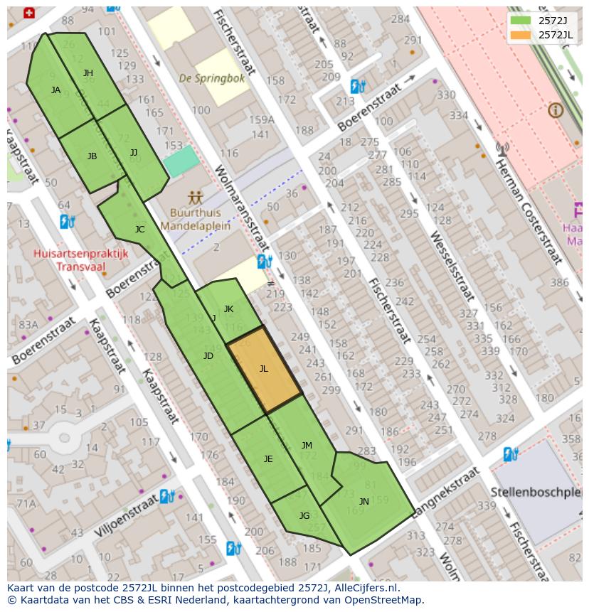 Afbeelding van het postcodegebied 2572 JL op de kaart.