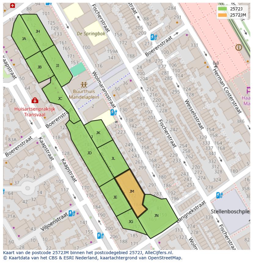 Afbeelding van het postcodegebied 2572 JM op de kaart.