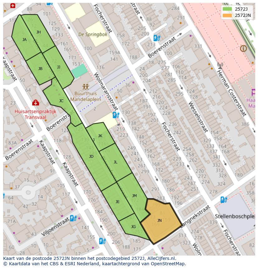 Afbeelding van het postcodegebied 2572 JN op de kaart.