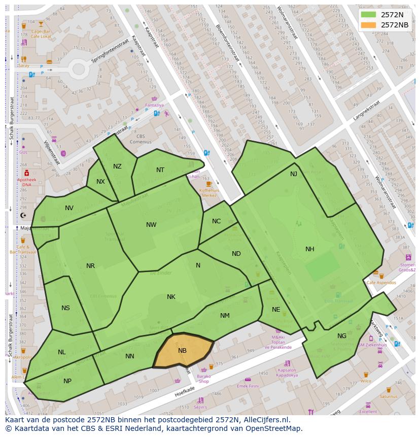 Afbeelding van het postcodegebied 2572 NB op de kaart.