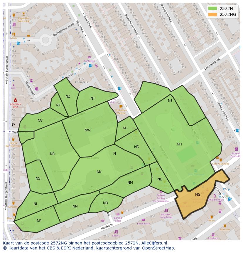 Afbeelding van het postcodegebied 2572 NG op de kaart.