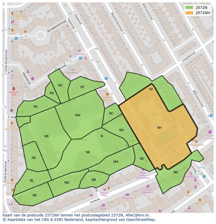 Afbeelding van het postcodegebied 2572 NH op de kaart.
