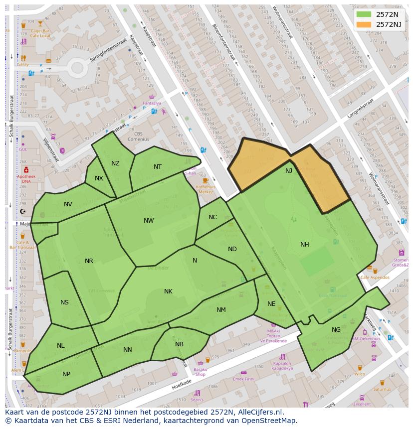 Afbeelding van het postcodegebied 2572 NJ op de kaart.