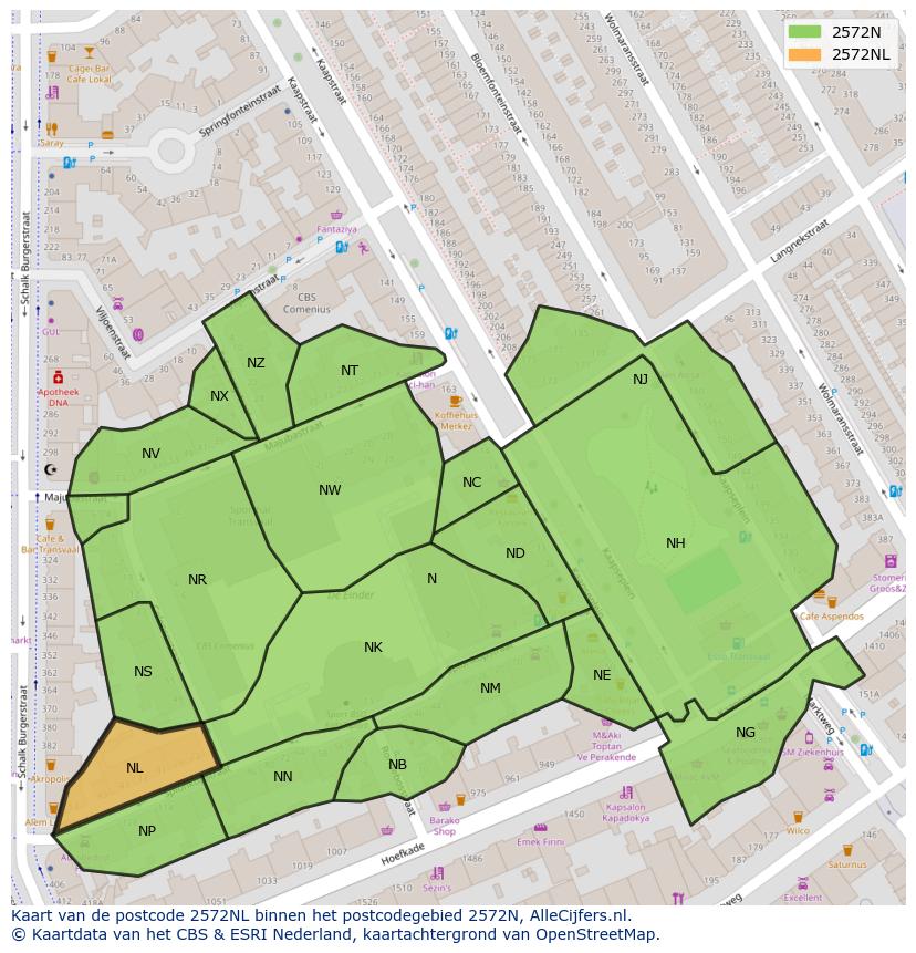Afbeelding van het postcodegebied 2572 NL op de kaart.