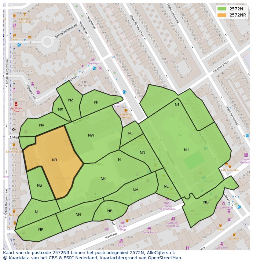 Afbeelding van het postcodegebied 2572 NR op de kaart.