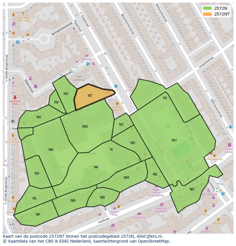 Afbeelding van het postcodegebied 2572 NT op de kaart.