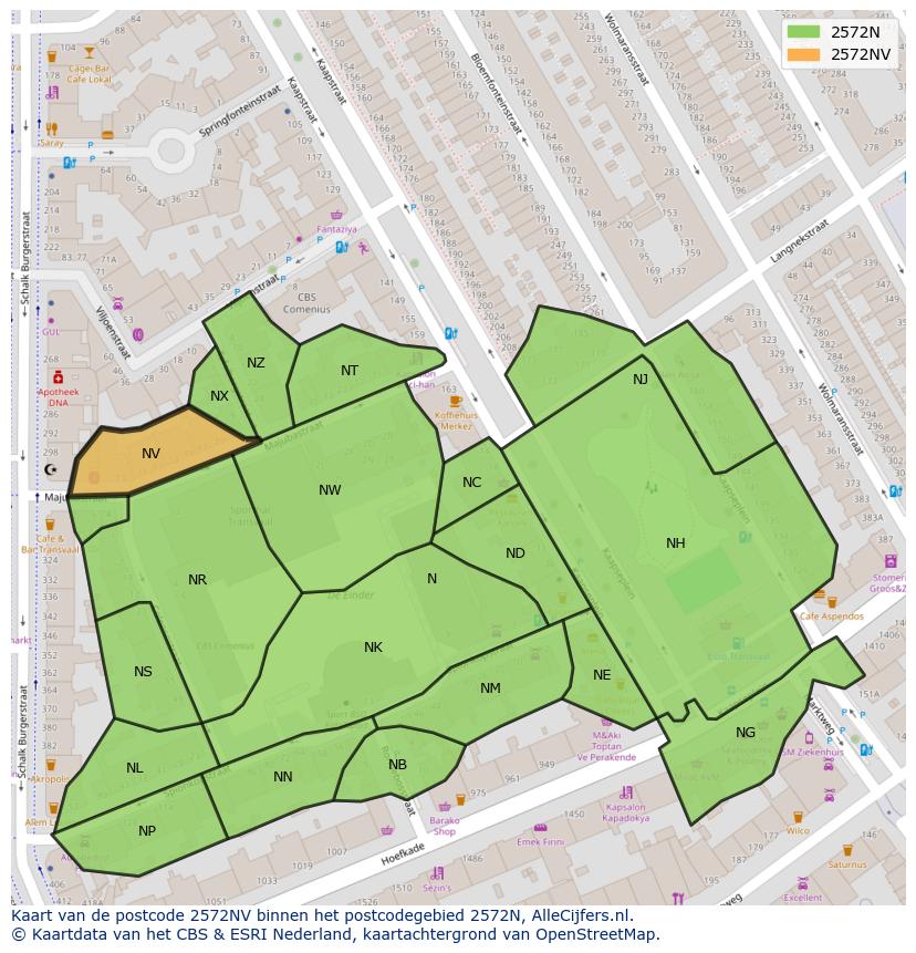Afbeelding van het postcodegebied 2572 NV op de kaart.