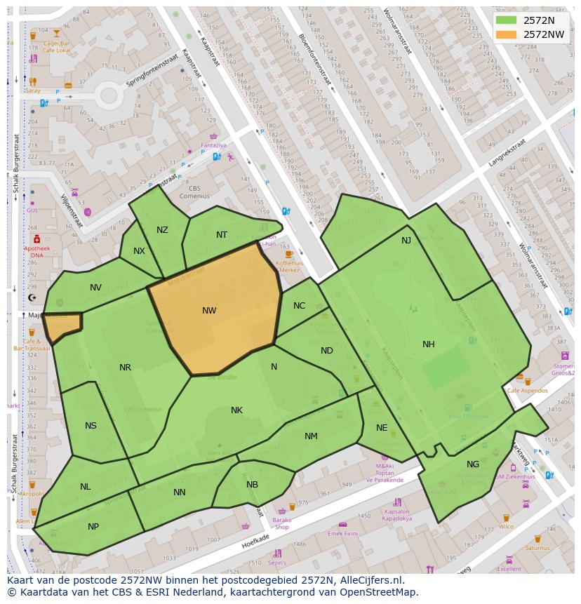 Afbeelding van het postcodegebied 2572 NW op de kaart.