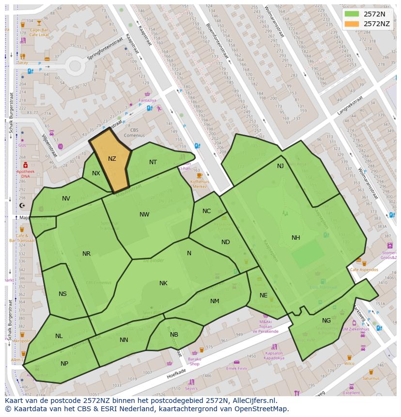 Afbeelding van het postcodegebied 2572 NZ op de kaart.