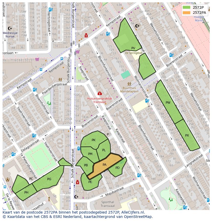 Afbeelding van het postcodegebied 2572 PA op de kaart.