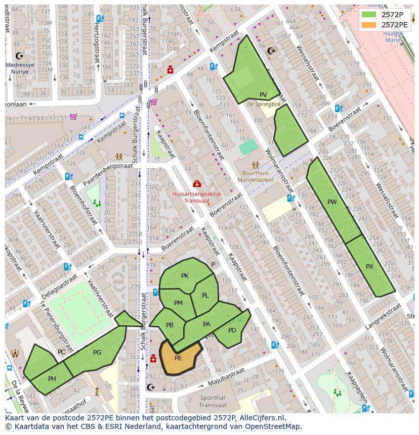 Afbeelding van het postcodegebied 2572 PE op de kaart.