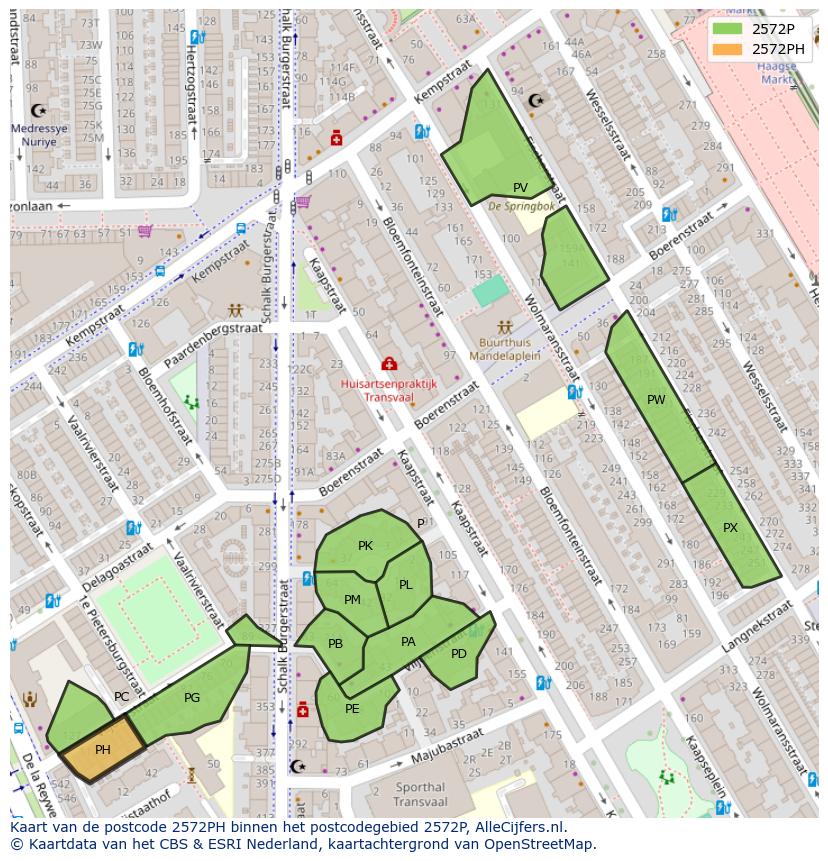 Afbeelding van het postcodegebied 2572 PH op de kaart.