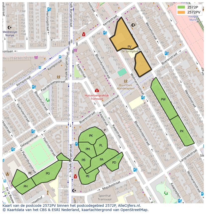 Afbeelding van het postcodegebied 2572 PV op de kaart.