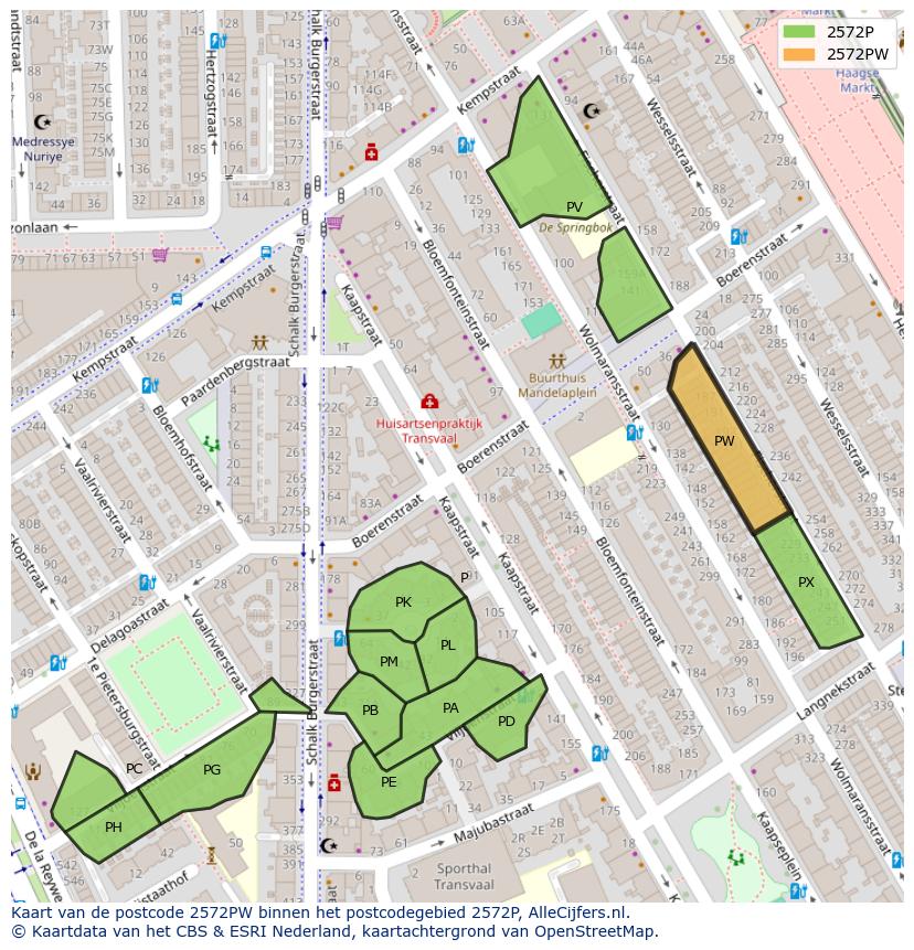 Afbeelding van het postcodegebied 2572 PW op de kaart.