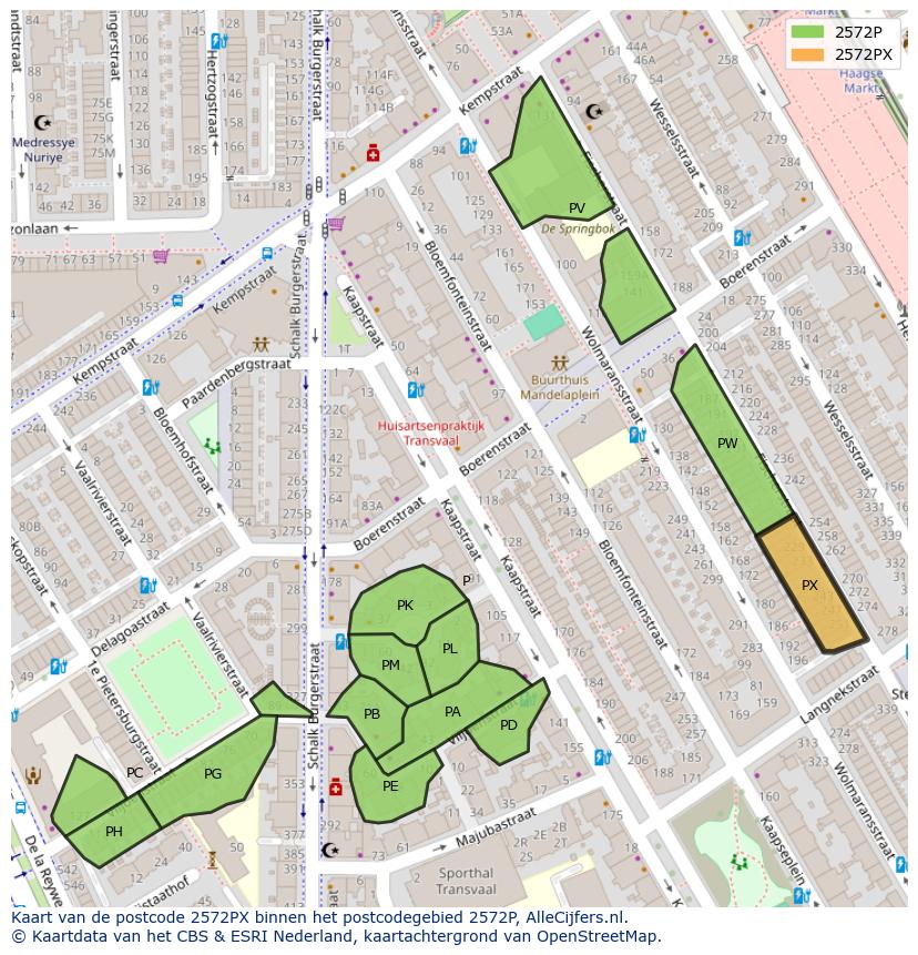 Afbeelding van het postcodegebied 2572 PX op de kaart.