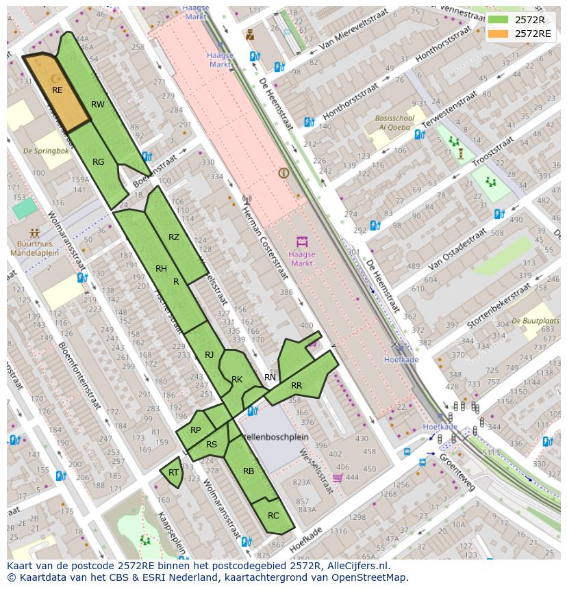 Afbeelding van het postcodegebied 2572 RE op de kaart.