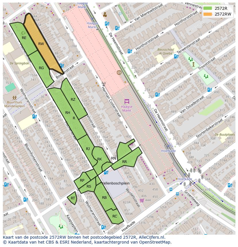 Afbeelding van het postcodegebied 2572 RW op de kaart.