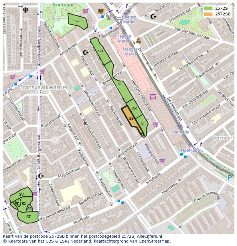 Afbeelding van het postcodegebied 2572 SB op de kaart.