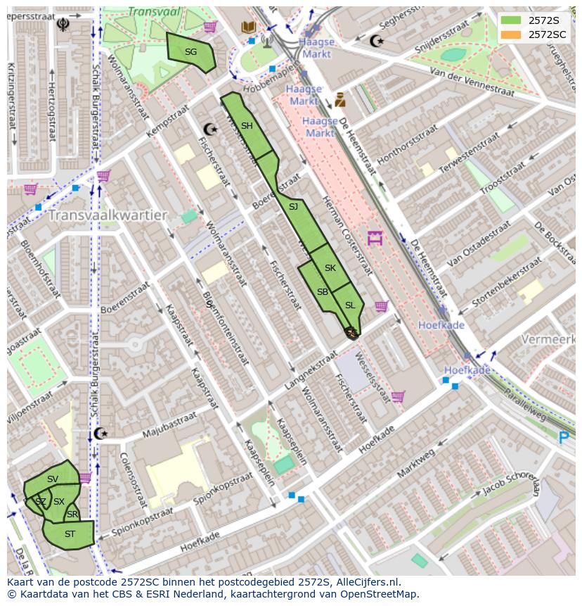 Afbeelding van het postcodegebied 2572 SC op de kaart.
