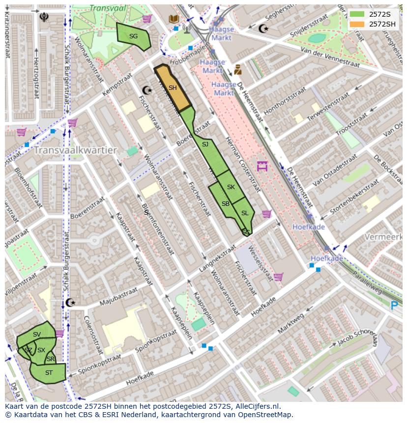 Afbeelding van het postcodegebied 2572 SH op de kaart.