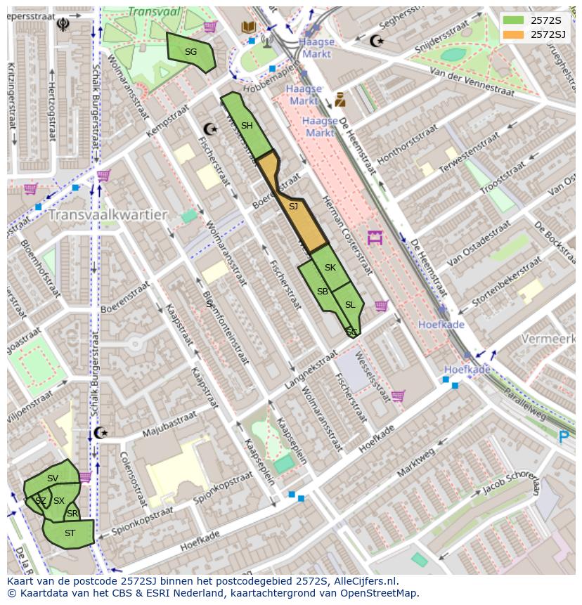 Afbeelding van het postcodegebied 2572 SJ op de kaart.