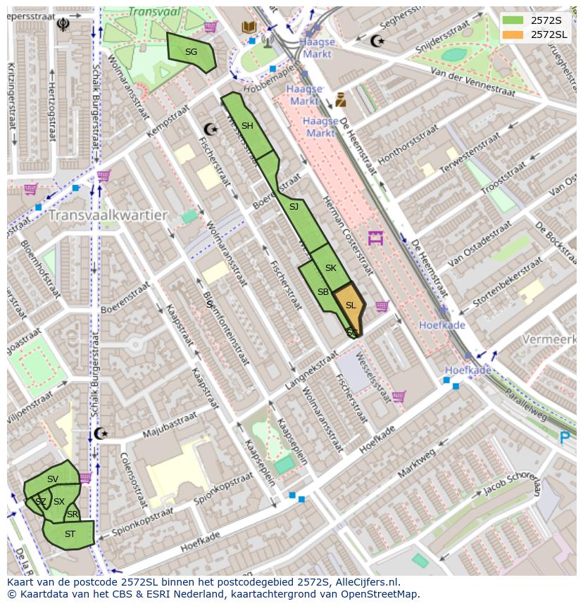Afbeelding van het postcodegebied 2572 SL op de kaart.