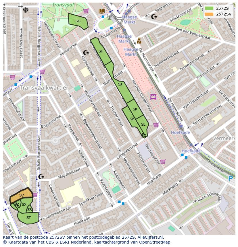 Afbeelding van het postcodegebied 2572 SV op de kaart.