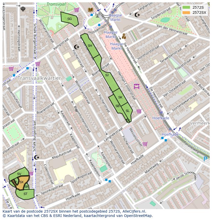 Afbeelding van het postcodegebied 2572 SX op de kaart.