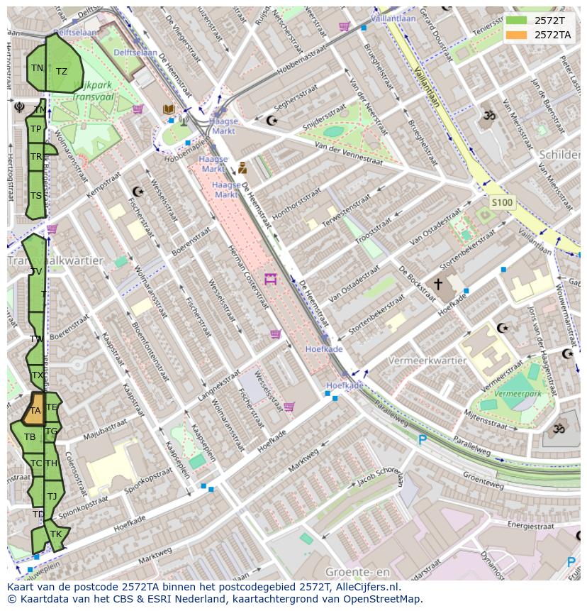 Afbeelding van het postcodegebied 2572 TA op de kaart.