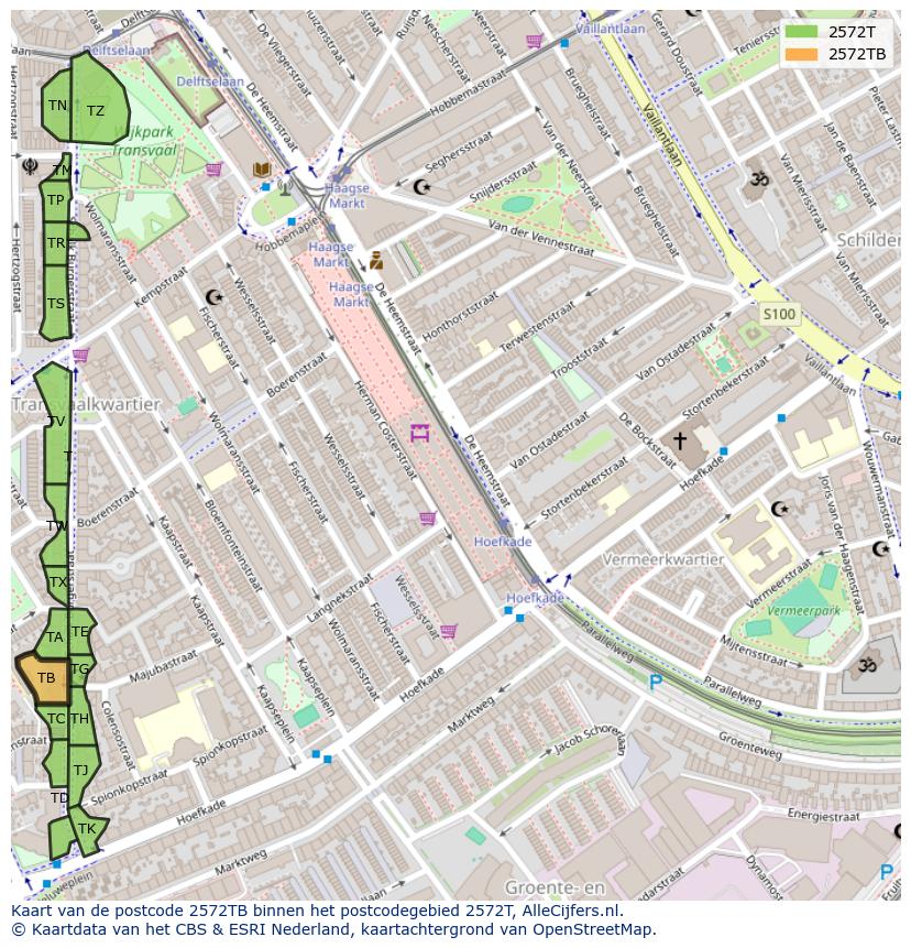 Afbeelding van het postcodegebied 2572 TB op de kaart.