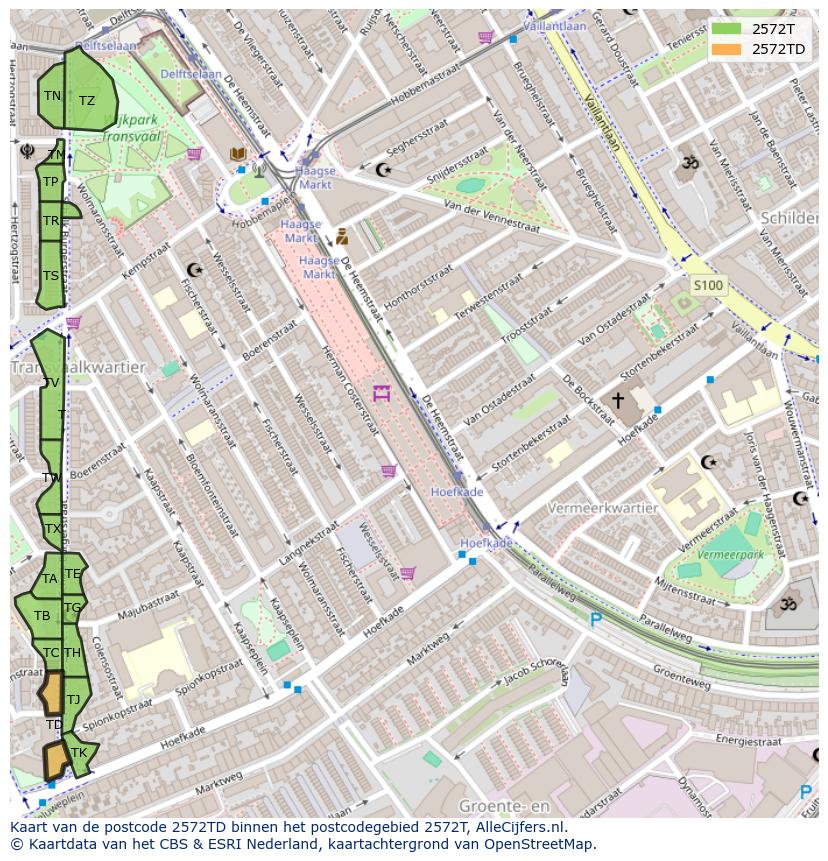 Afbeelding van het postcodegebied 2572 TD op de kaart.