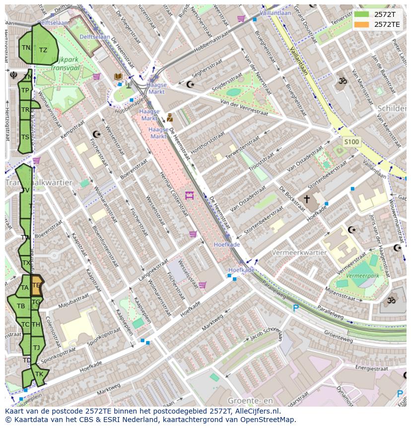 Afbeelding van het postcodegebied 2572 TE op de kaart.