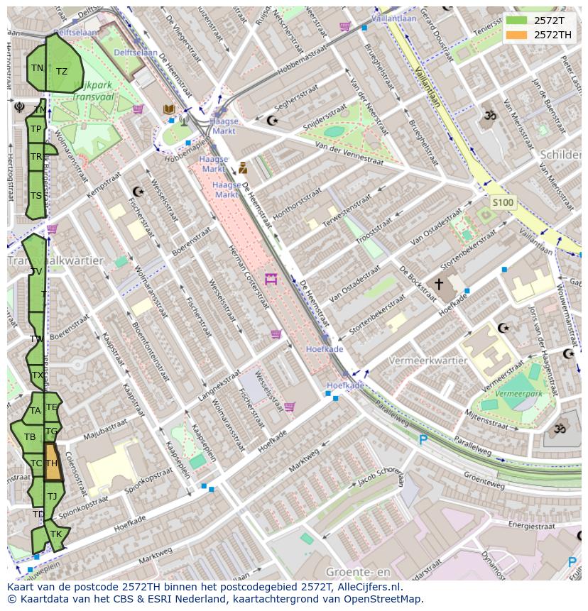 Afbeelding van het postcodegebied 2572 TH op de kaart.