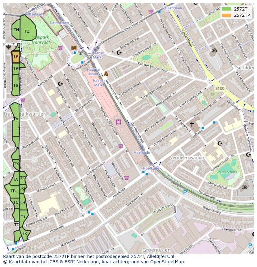 Afbeelding van het postcodegebied 2572 TP op de kaart.