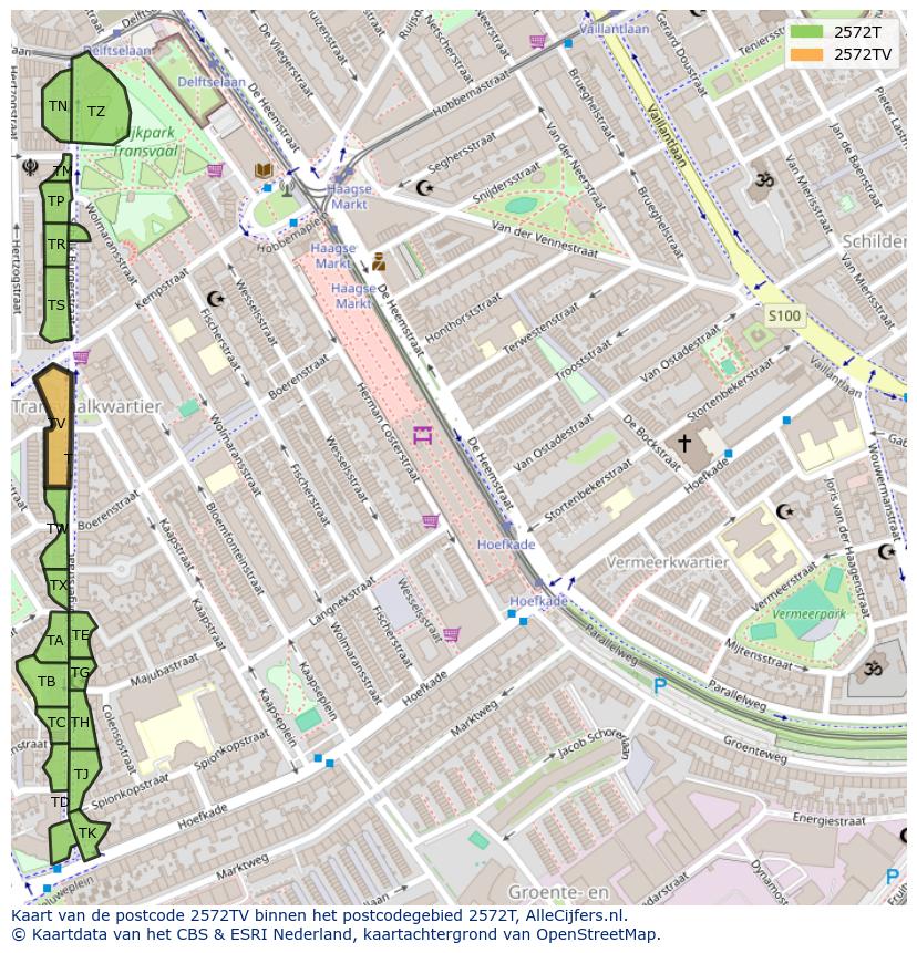Afbeelding van het postcodegebied 2572 TV op de kaart.