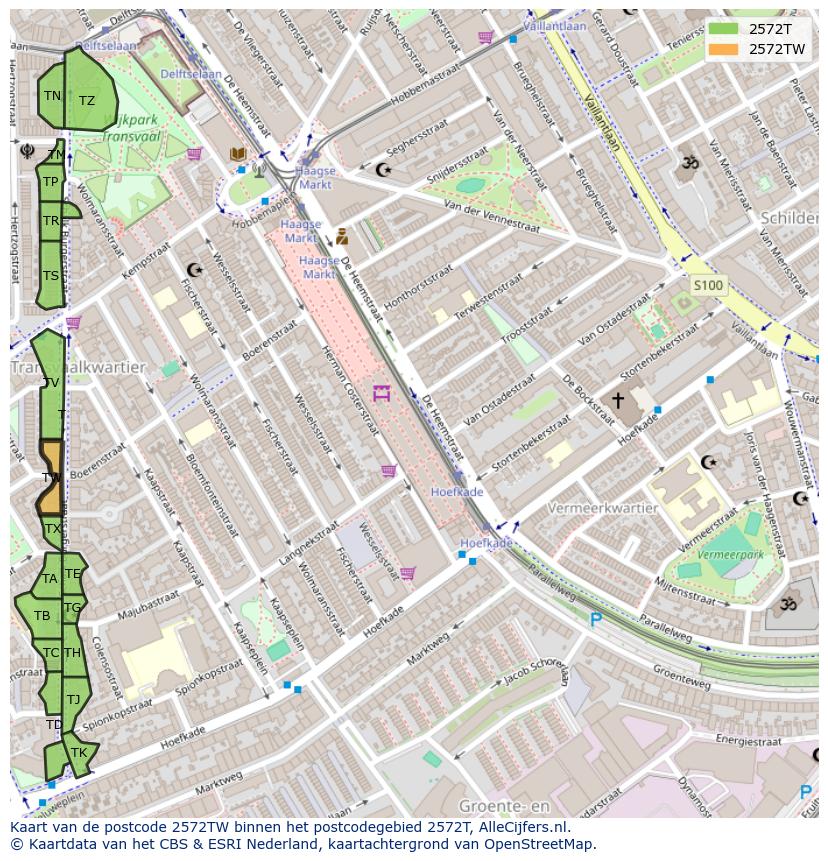 Afbeelding van het postcodegebied 2572 TW op de kaart.