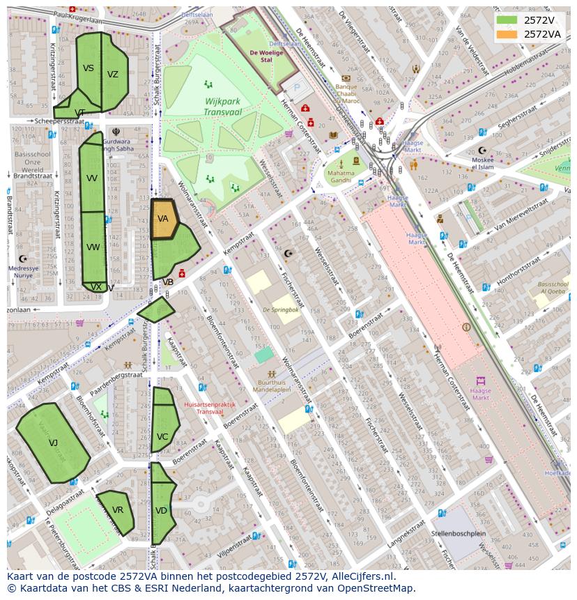 Afbeelding van het postcodegebied 2572 VA op de kaart.