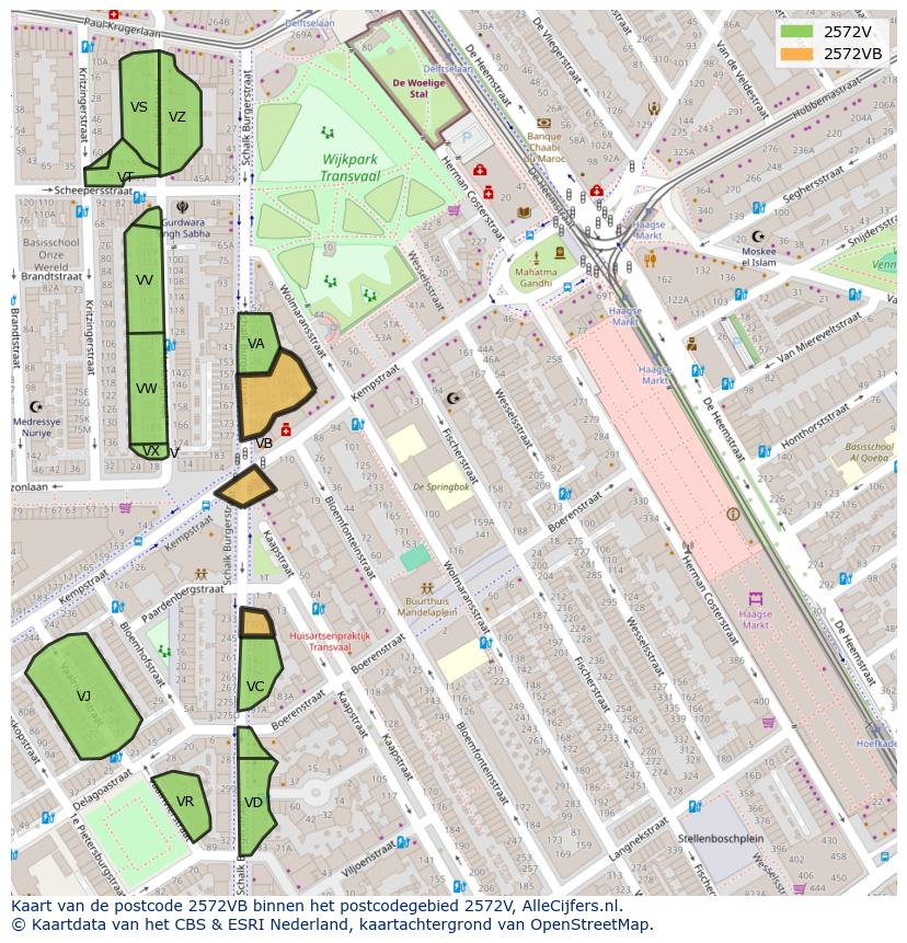 Afbeelding van het postcodegebied 2572 VB op de kaart.