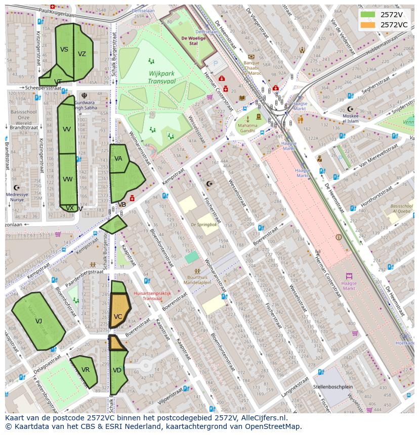 Afbeelding van het postcodegebied 2572 VC op de kaart.