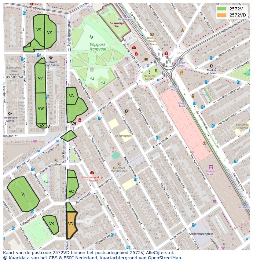 Afbeelding van het postcodegebied 2572 VD op de kaart.