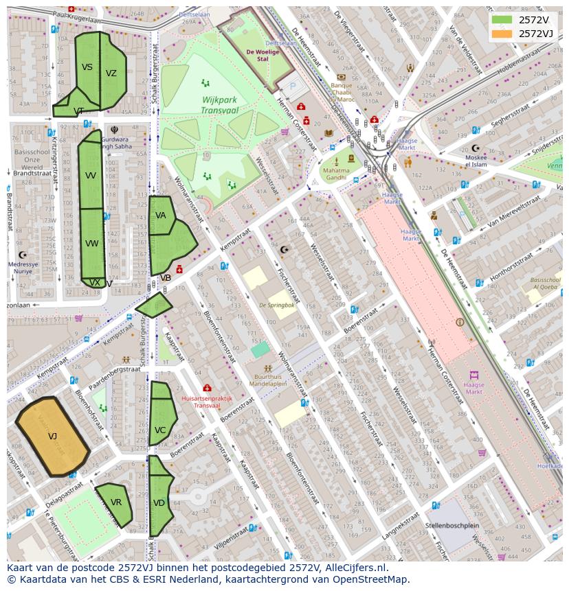 Afbeelding van het postcodegebied 2572 VJ op de kaart.