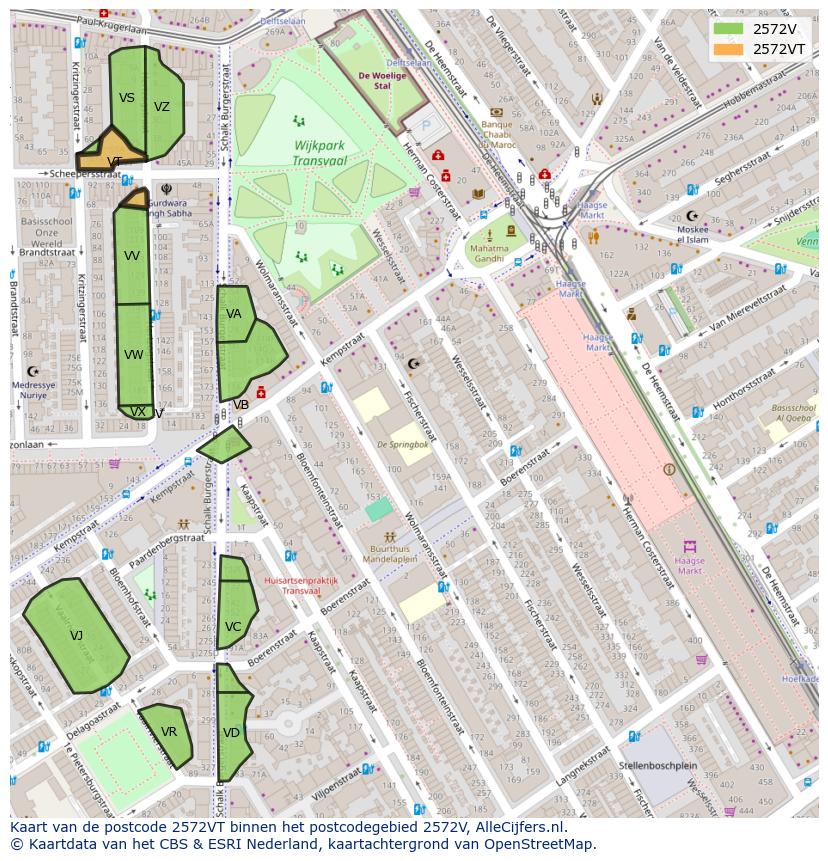 Afbeelding van het postcodegebied 2572 VT op de kaart.
