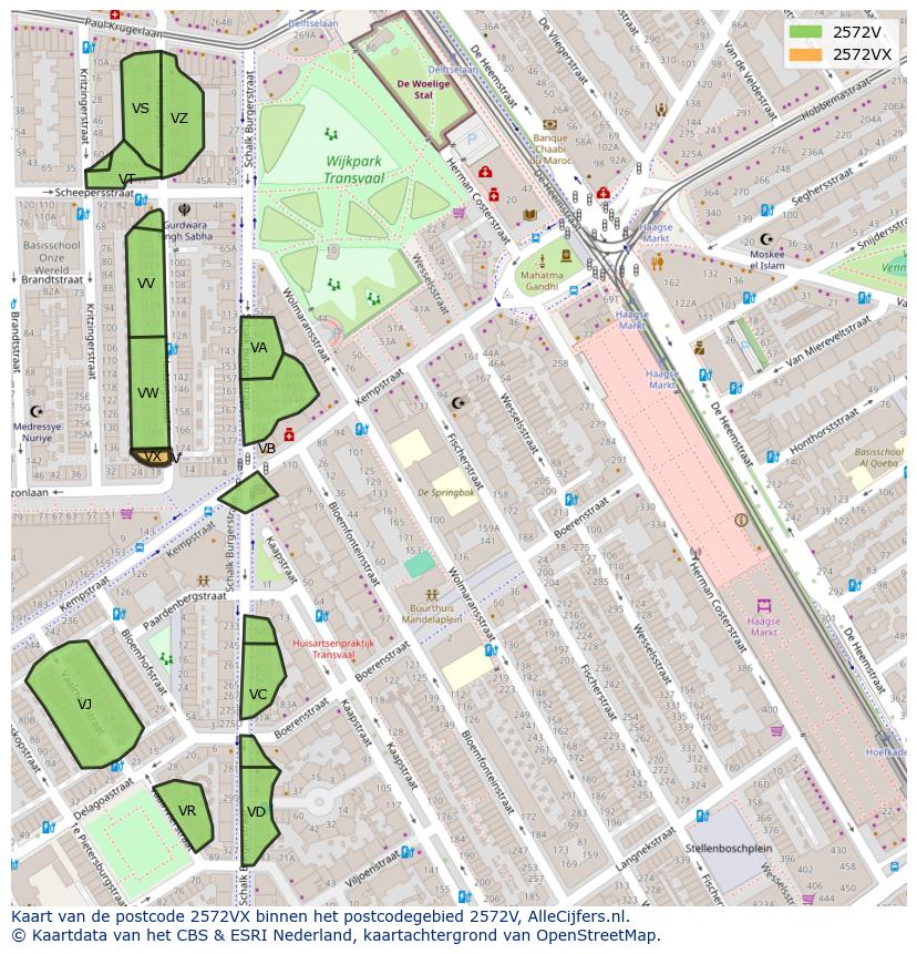 Afbeelding van het postcodegebied 2572 VX op de kaart.