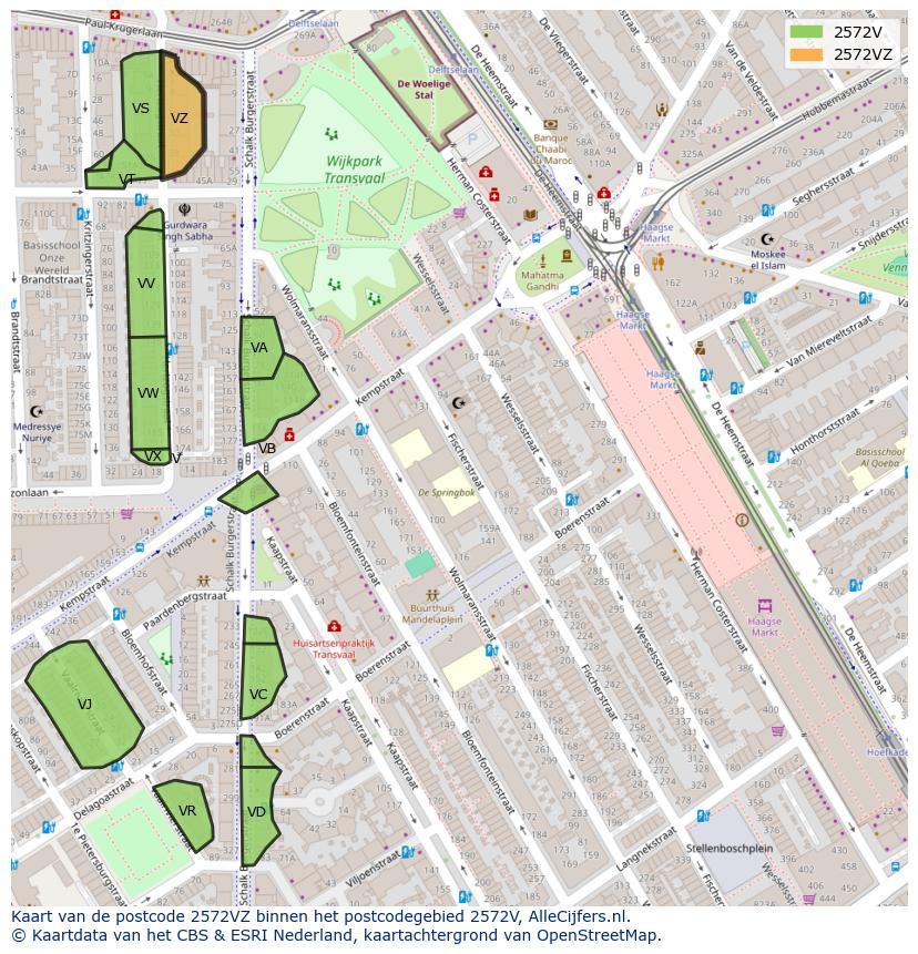 Afbeelding van het postcodegebied 2572 VZ op de kaart.