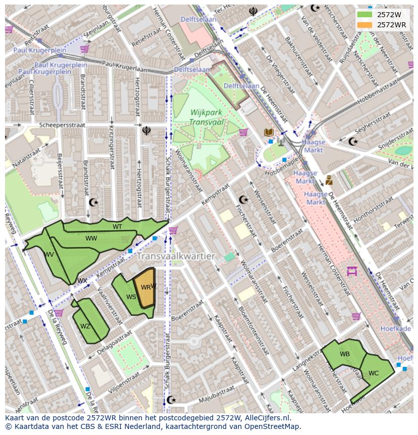 Afbeelding van het postcodegebied 2572 WR op de kaart.