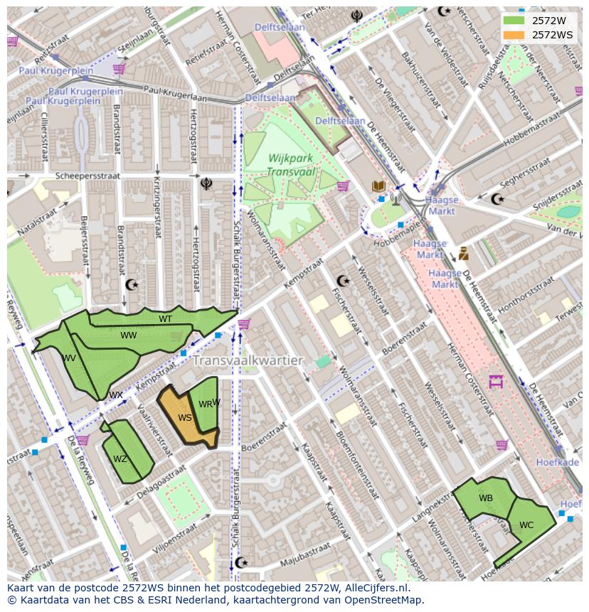 Afbeelding van het postcodegebied 2572 WS op de kaart.