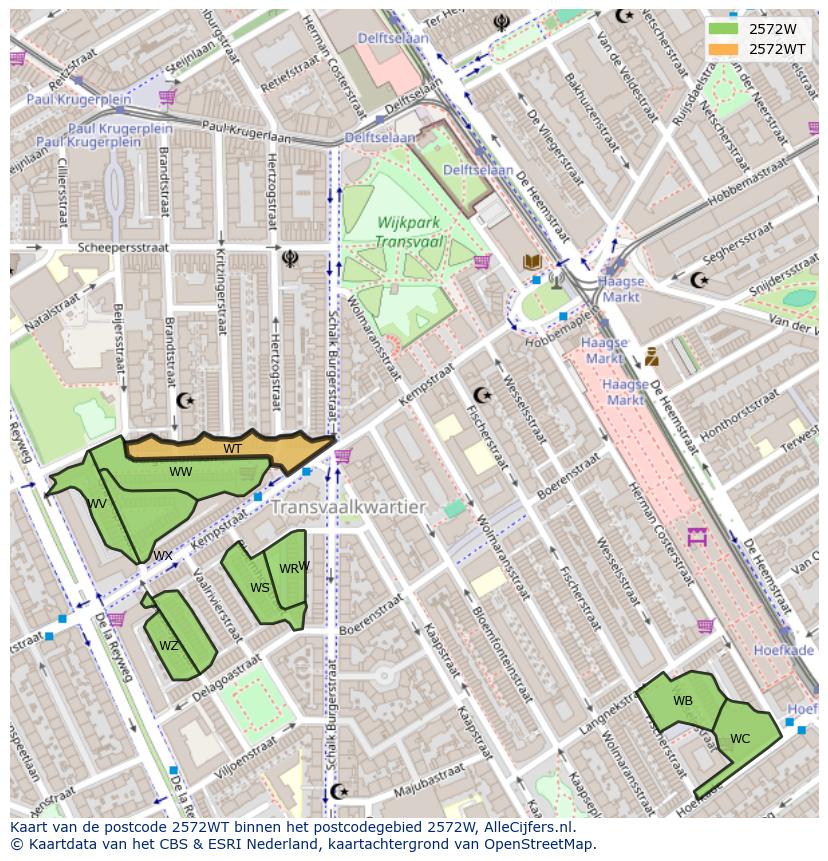 Afbeelding van het postcodegebied 2572 WT op de kaart.