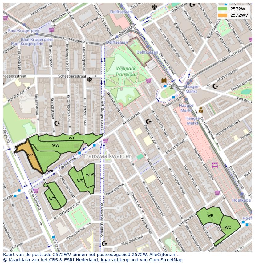 Afbeelding van het postcodegebied 2572 WV op de kaart.