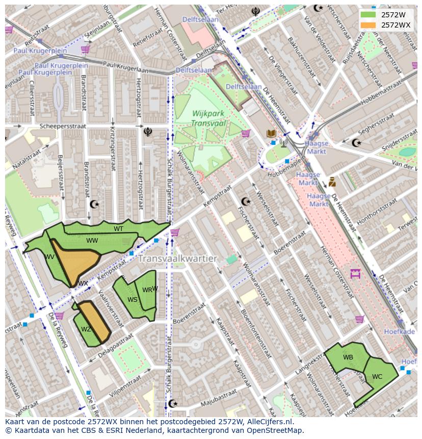 Afbeelding van het postcodegebied 2572 WX op de kaart.